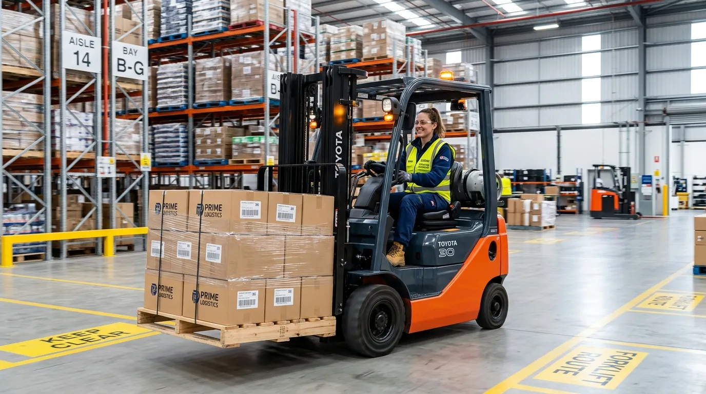 A dynamic, professional hero image showing a certified forklift operator in a modern, well-organized warehouse, safely maneuvering a pallet. The style is crisp, high-resolution, and conveys efficiency and safety.