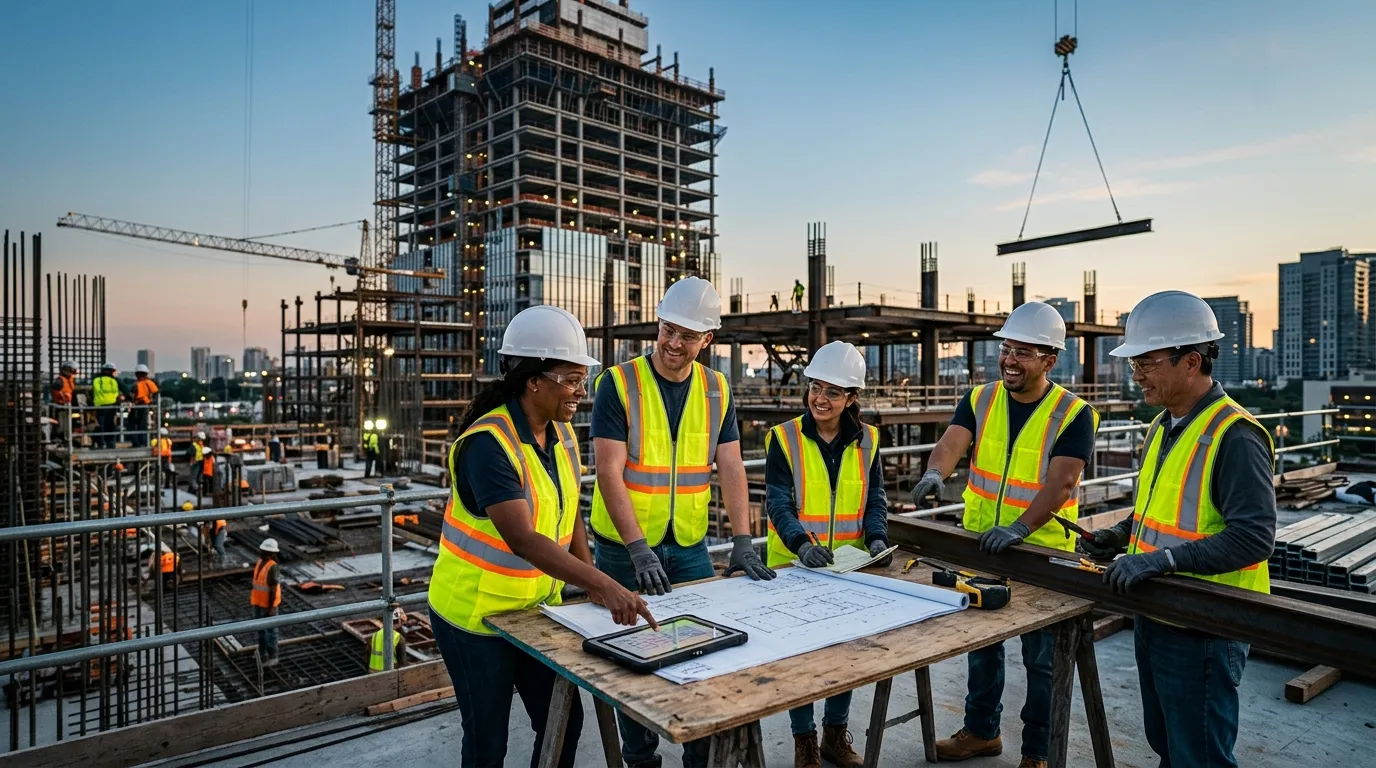 A high-contrast, professional hero image showing a diverse team of construction agency workers collaborating on a modern building site. Focus on safety gear, active work, and a positive team atmosphere. Style: Professional, inspiring, with a slight blue tint overlay for text safety.