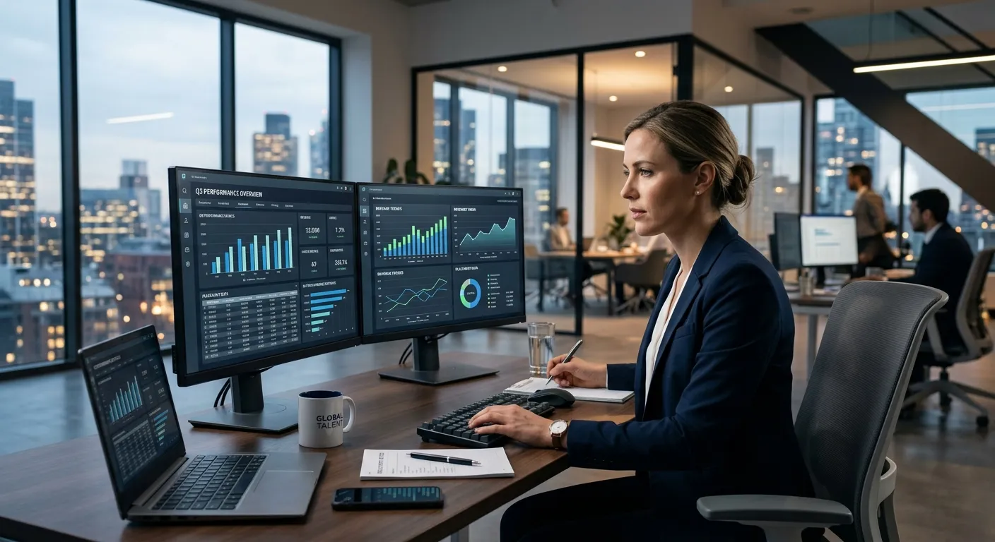 A professional, high-contrast image of a modern recruitment consultant analyzing financial data and... A professional, high-contrast image of a modern recruitment consultant analyzing financial data and performance charts on a dual-screen desktop in a sleek office. The mood is analytical, successful, and data-driven.