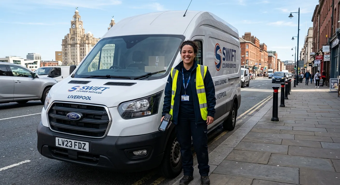 A professional, confident multi-drop delivery driver in high-visibility clothing, smiling and holdin... A professional, confident multi-drop delivery driver in high-visibility clothing, smiling and holding a digital scanner, standing next to a clean, modern commercial van on a Liverpool street, with a bright, clear day and the Liver Building faintly visible in the background.