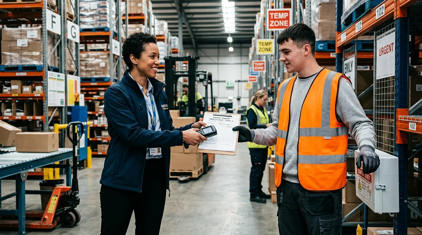 A dynamic, high-contrast hero image showing a manager confidently handing over a task to a temporary worker in a modern warehouse or office setting, conveying urgency, relief, and seamless transition.
