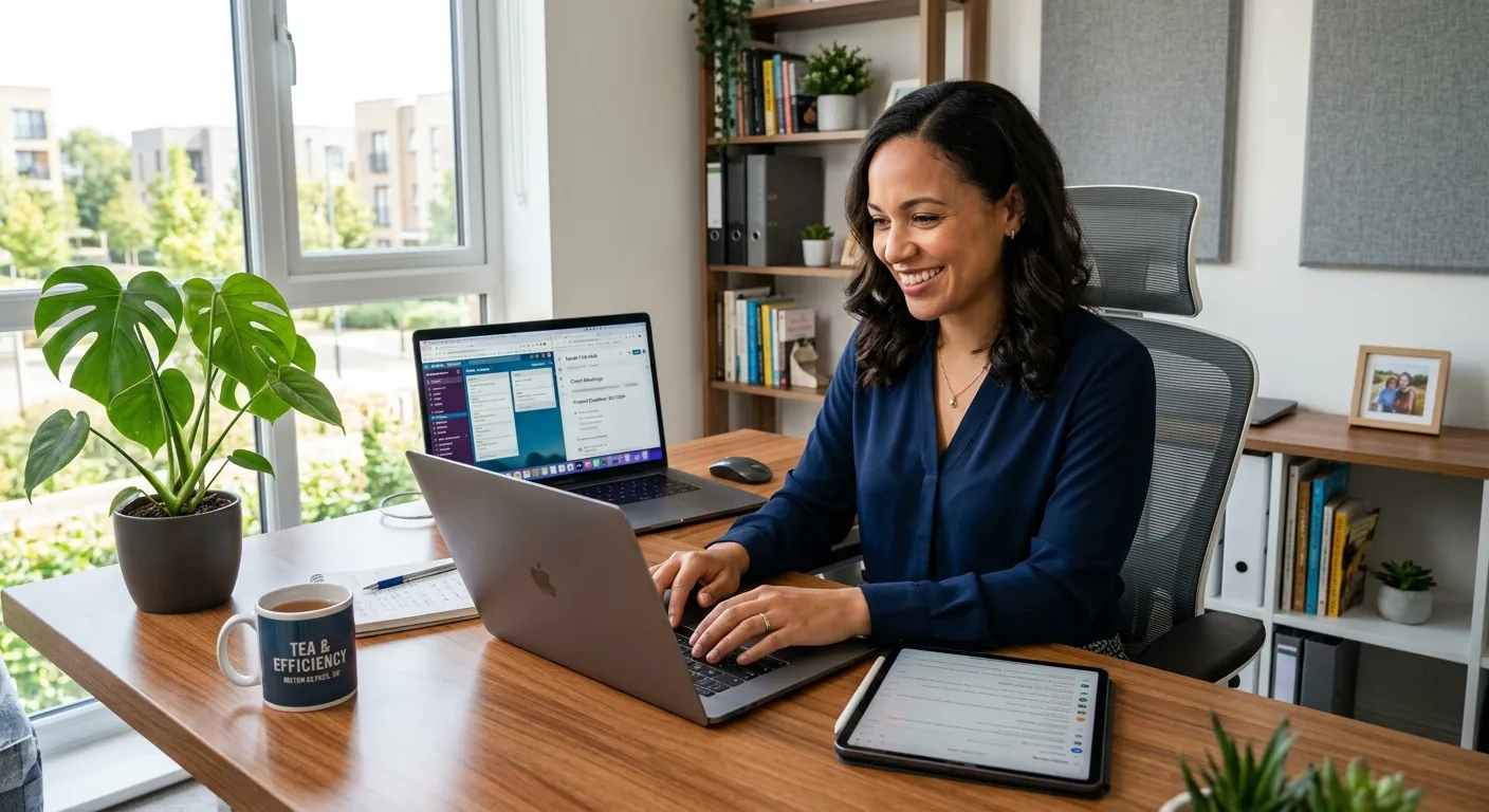 A professional, confident woman working as a virtual assistant from a modern home office in Milton Keynes, smiling while managing multiple digital tasks on a laptop and tablet, with a plant and a cup of tea, conveying efficiency and work-life balance.