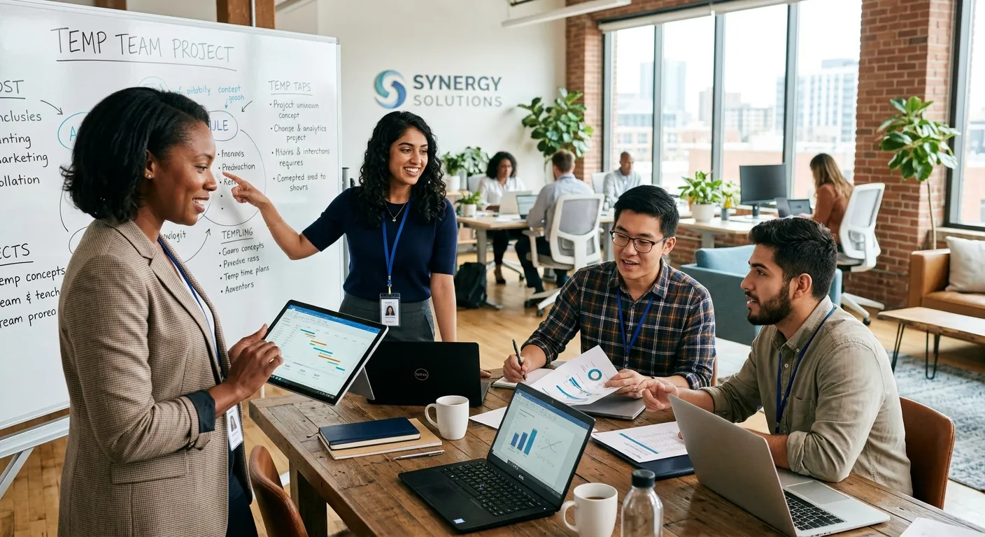 A professional, diverse group of temporary workers collaborating in a modern office setting, with a... A professional, diverse group of temporary workers collaborating in a modern office setting, with a manager reviewing a tablet. Style is bright, energetic, and focused on teamwork. Mood is professional and efficient.