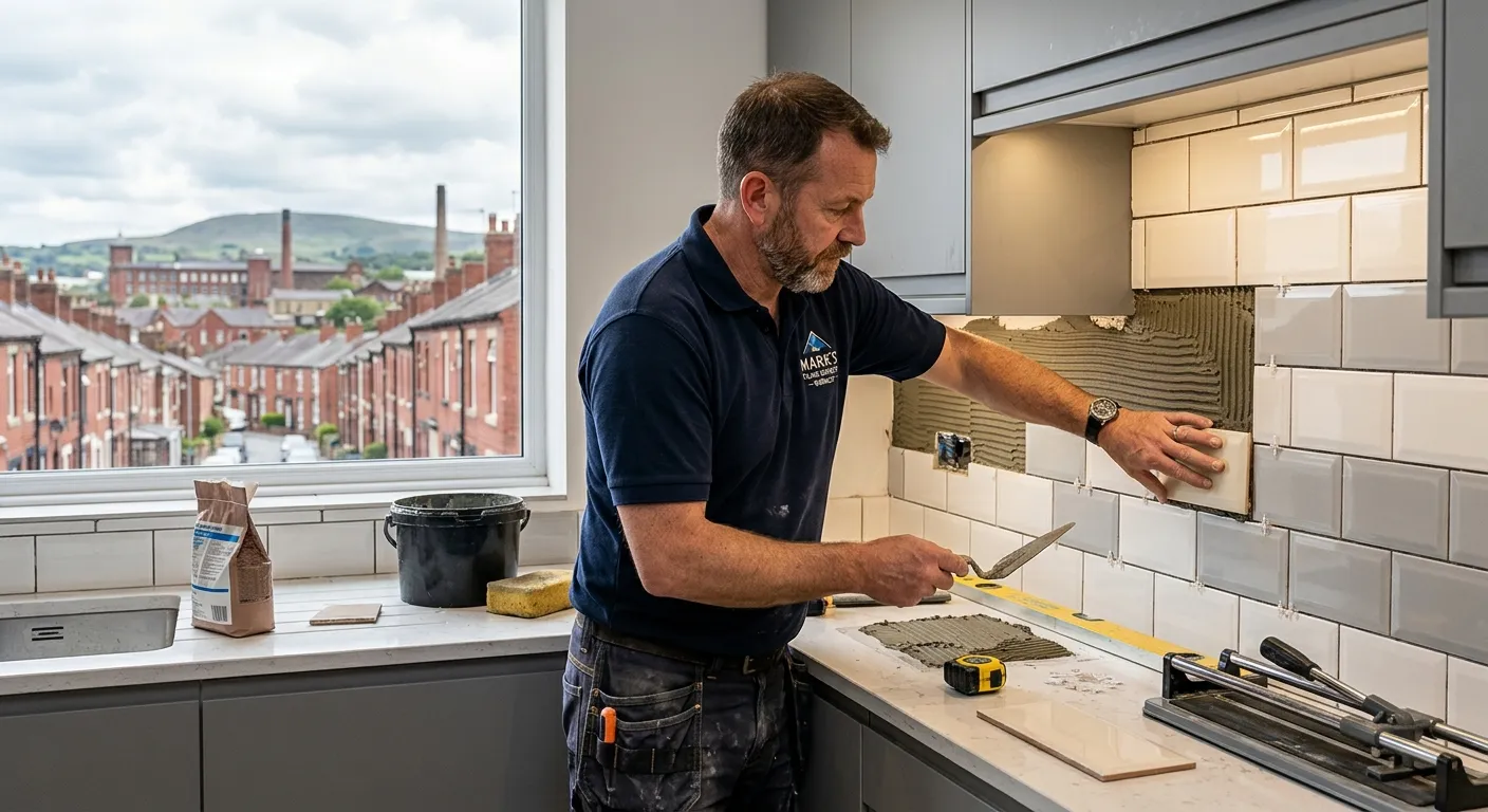 Hero image of a professional Tiler in Burnley, expertly fitting high-quality ceramic tiles on a mode... Hero image of a professional Tiler in Burnley, expertly fitting high-quality ceramic tiles on a modern kitchen splashback in a residential property. The image should convey skill, precision, and local Burnley context.