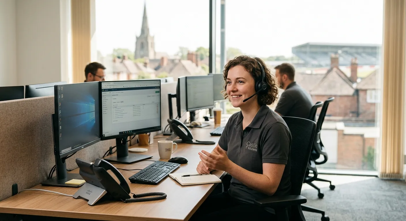 Professional, friendly IT helpdesk specialist at a modern workstation, assisting a colleague over the phone. The setting is a bright, contemporary office with local Castle Donington landmarks subtly visible through a window. Mood: competent, approachable, and efficient.