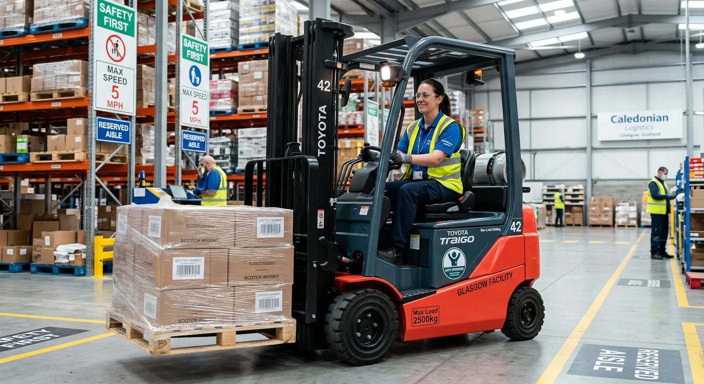 A professional, confident forklift driver in a modern, clean warehouse in Glasgow, safely operating a counterbalance forklift. The image should convey skill, safety, and a positive work environment. Style: Realistic, bright, professional photo. Mood: Competent, efficient, and secure.