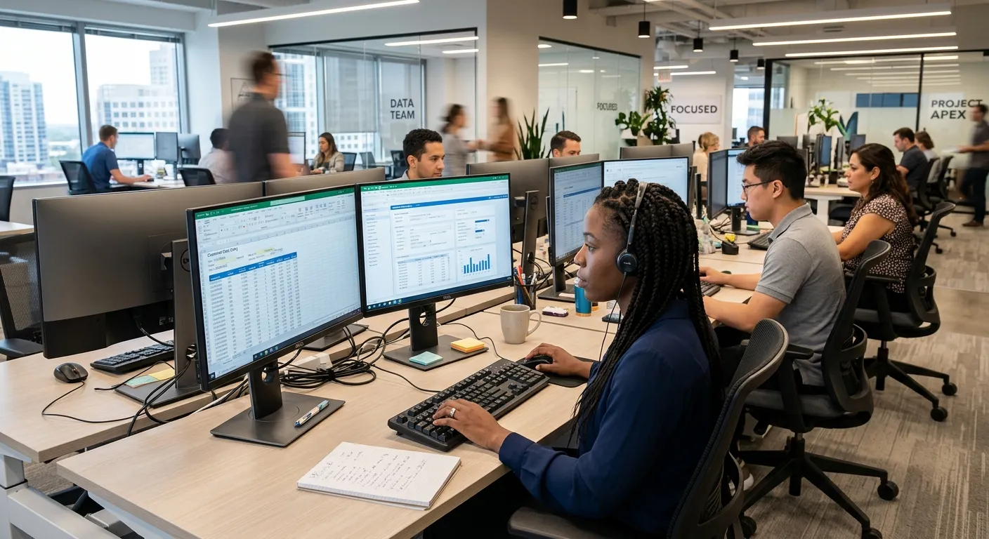 A professional, high-energy office environment focusing on a diverse team of data entry specialists working efficiently on dual monitors. The mood is focused, modern, and productive, with a slight blur highlighting the clarity of the on-screen data.