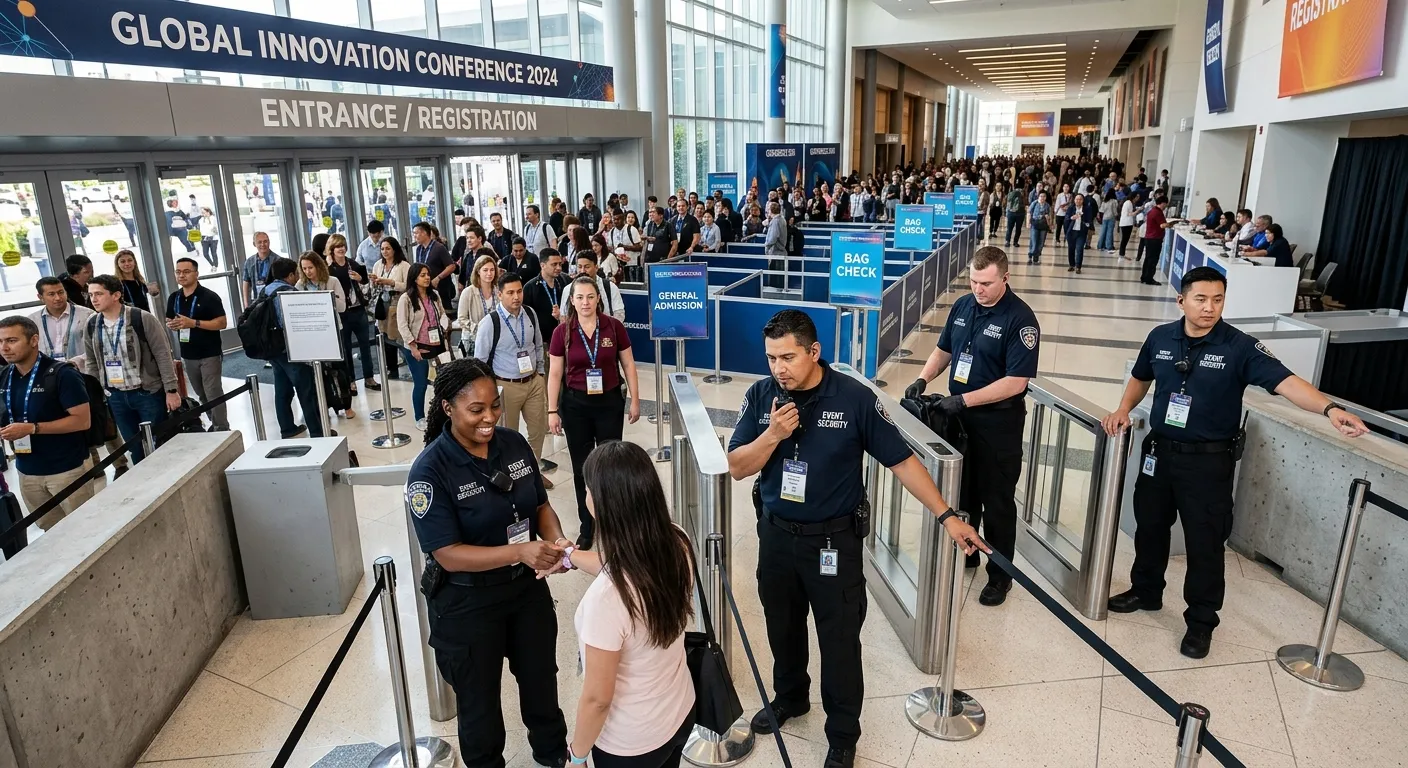 A professional, high-angle shot of a diverse team of event security personnel in uniform, confidently managing the entrance to a large, well-lit conference or festival. Focus on their professionalism and the controlled flow of attendees.