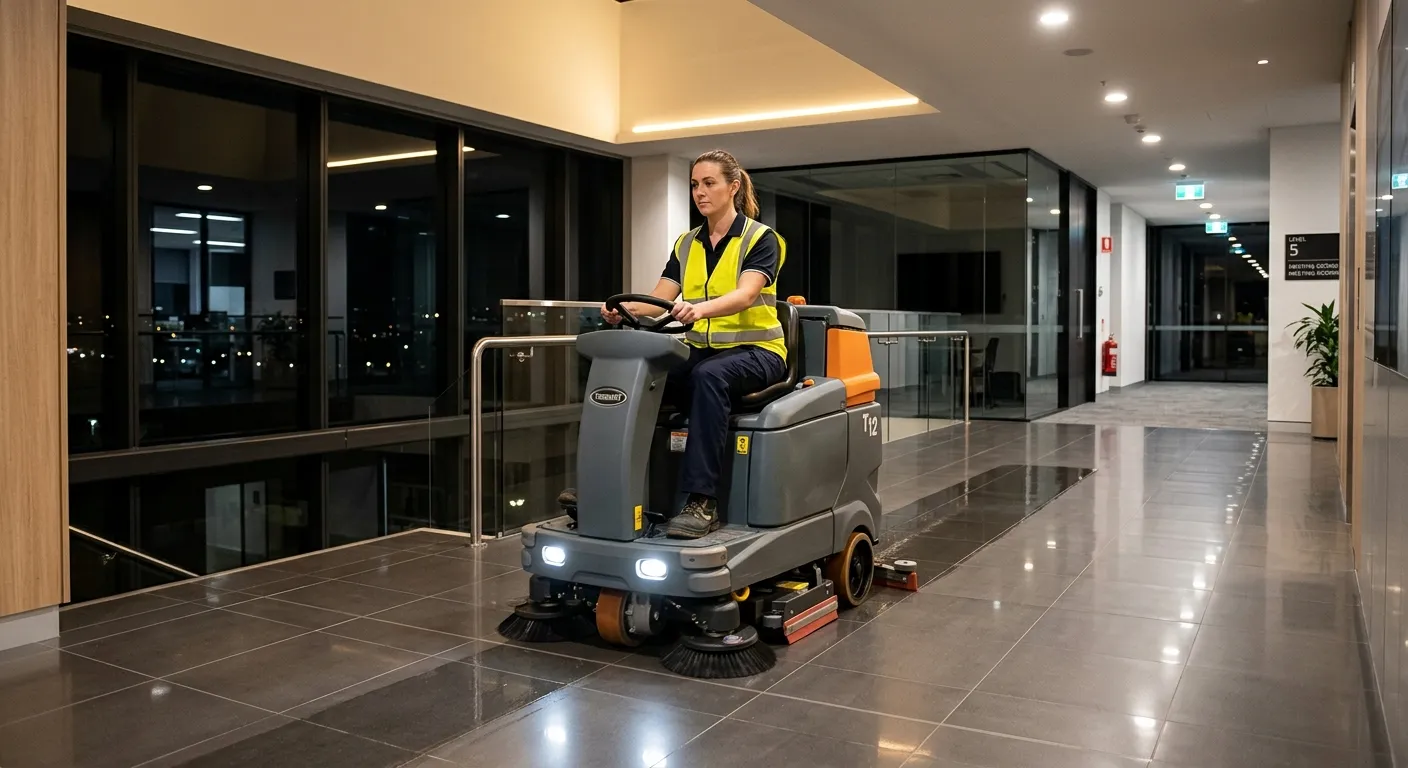 A professional cleaner in a high-vis vest efficiently using an industrial floor scrubber in a well-lit, modern office corridor at night.