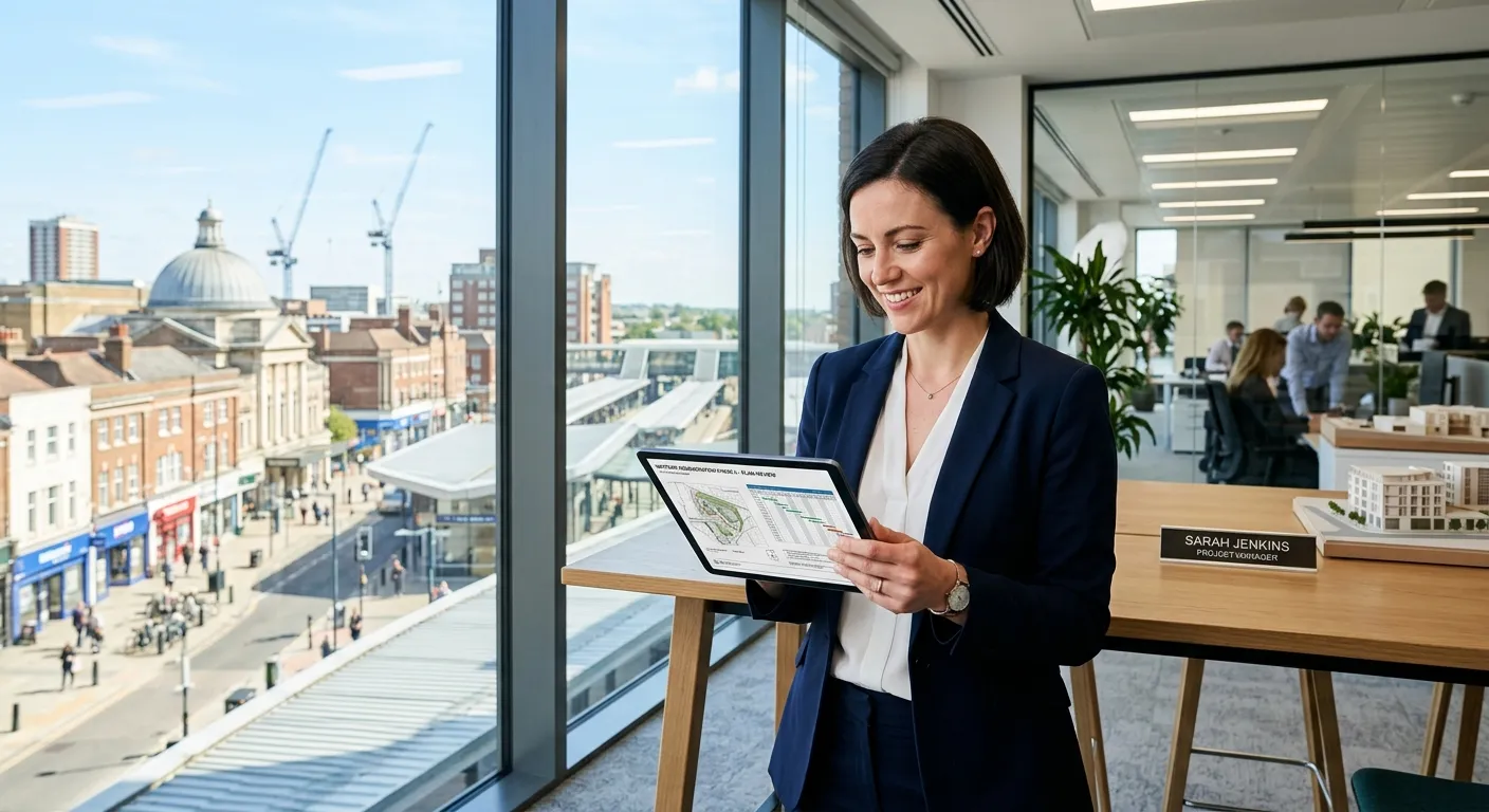 A confident, professional Project Manager in a modern office environment in Watford, reviewing plans on a tablet with a cityscape visible through the window. Style: professional, bright, aspirational.