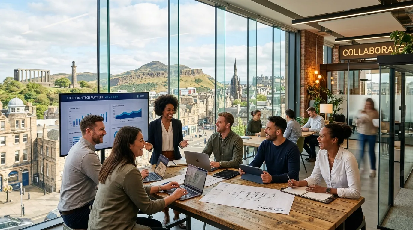 A dynamic, professional hero image showcasing the Edinburgh skyline (Calton Hill, Arthur's Seat) ble... A dynamic, professional hero image showcasing the Edinburgh skyline (Calton Hill, Arthur's Seat) blending with a diverse group of professionals in a modern office setting. Style: High-quality, bright, and inspiring. Mood: Energetic, trustworthy, and forward-thinking.