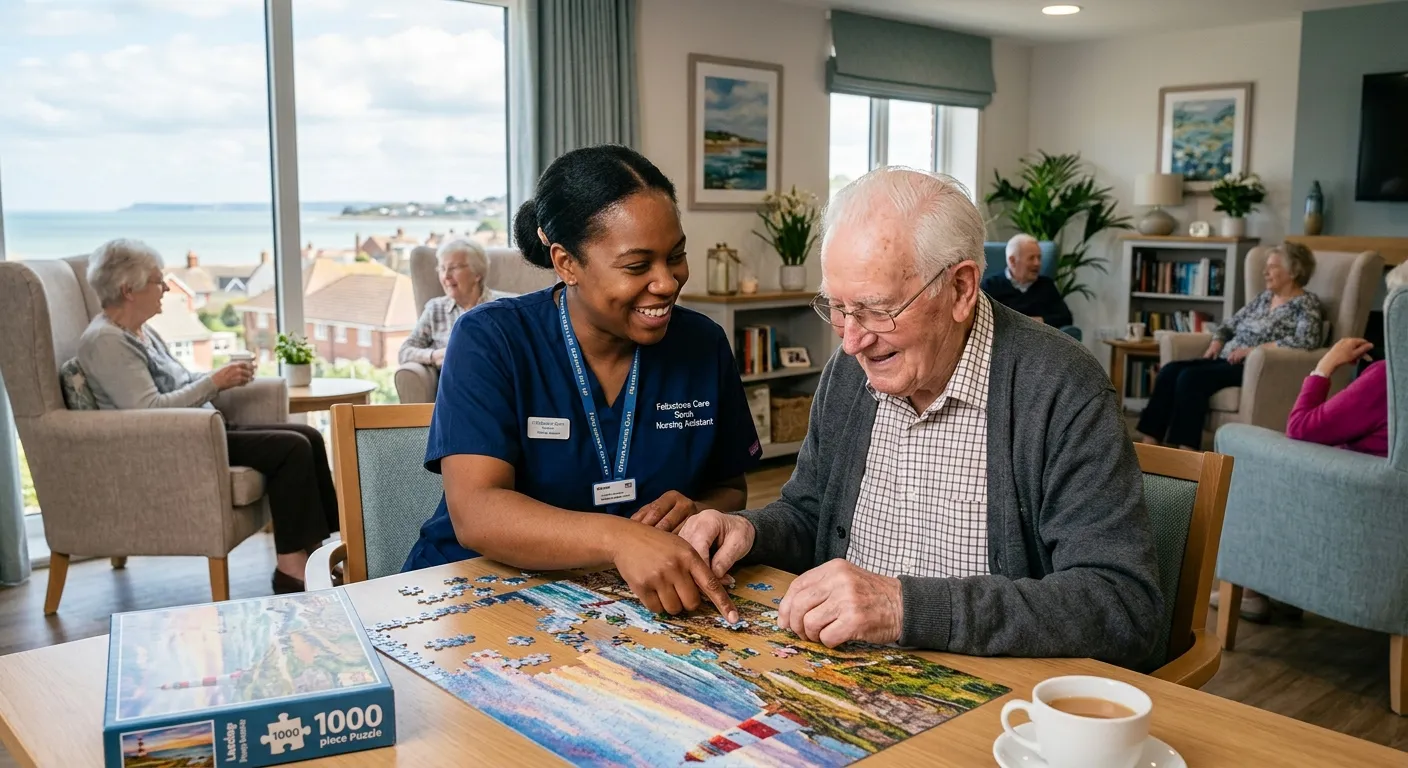 A compassionate Nursing Assistant smiling while helping an elderly resident with a puzzle in a brigh... A compassionate Nursing Assistant smiling while helping an elderly resident with a puzzle in a bright, modern care home lounge in Felixstowe.