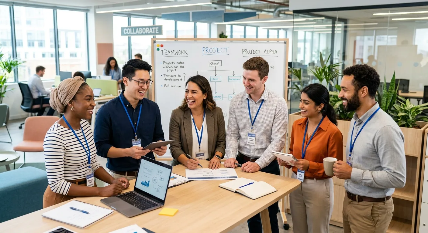 A diverse group of professional temporary employees in a modern office setting, smiling and collabor... A diverse group of professional temporary employees in a modern office setting, smiling and collaborating. Style: Bright, professional, and energetic. Mood: Productive and dynamic.