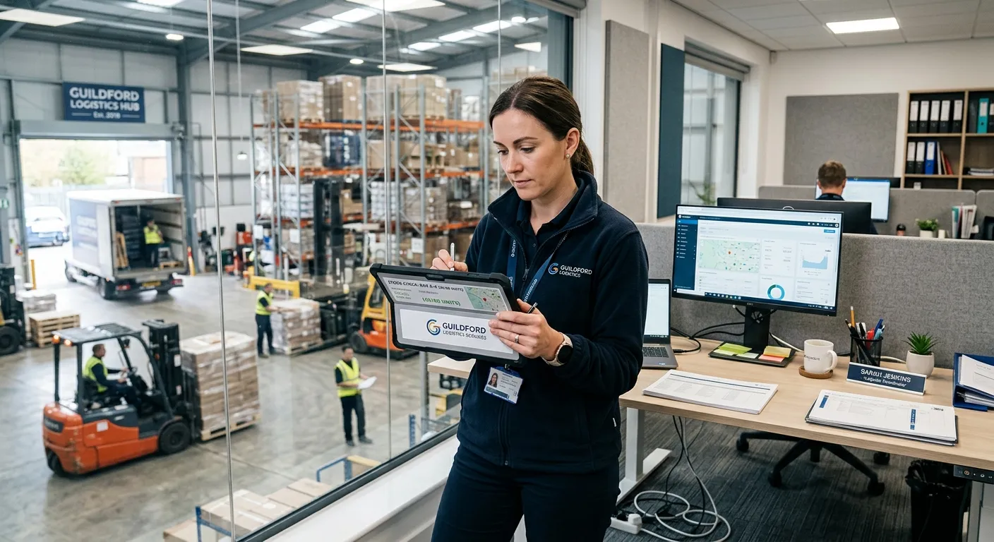 A professional, dynamic image of a Logistics Coordinator in a modern warehouse office in Guildford. They are using a tablet to check inventory, with a busy logistics hub visible through the window. The mood is efficient, organised, and fast-paced.