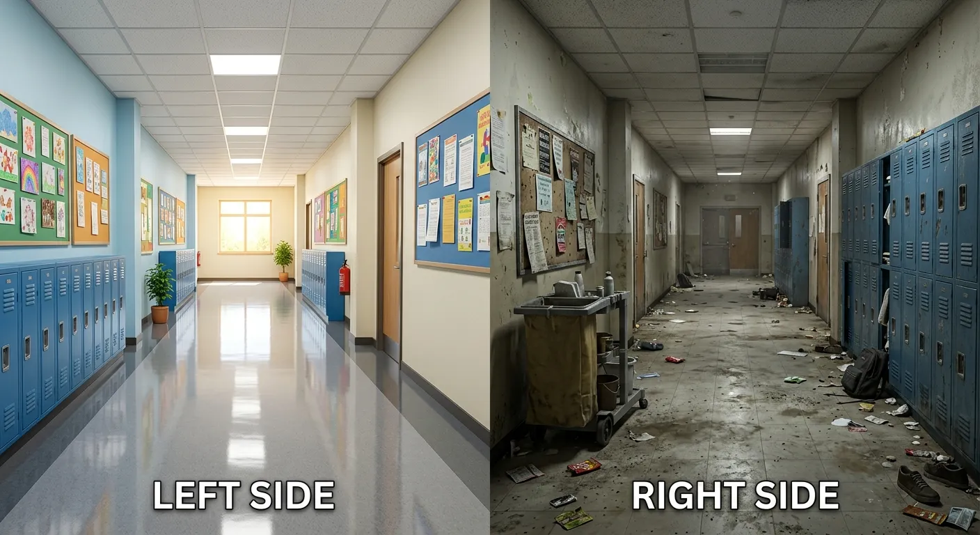 A split-image showing a bright, clean, and organised school hallway on one side, contrasted with a cluttered, dusty one on the other, highlighting the impact of professional cleaning.