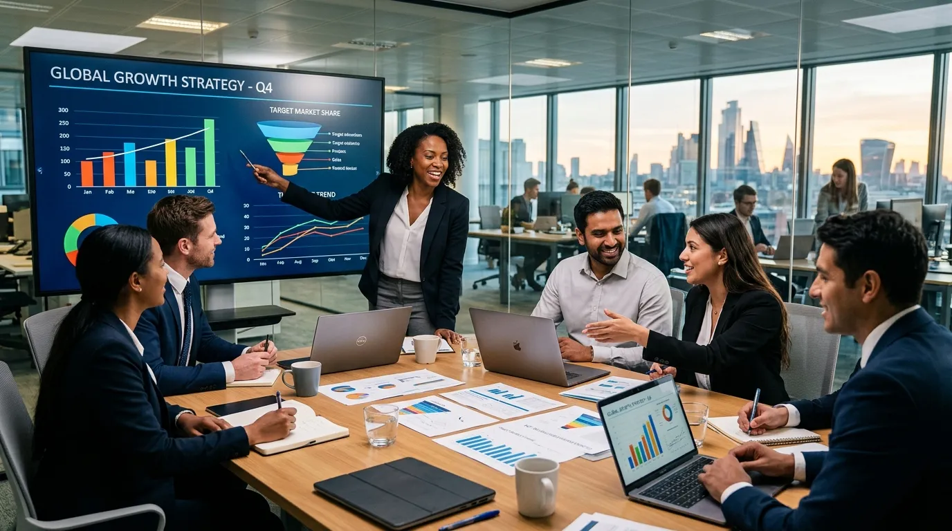 A dynamic, professional hero image showing a diverse team of business development professionals in a... A dynamic, professional hero image showing a diverse team of business development professionals in a modern office, collaborating over a strategy session with charts and laptops visible. Style: High-contrast, vibrant, and professional. Mood: Strategic, energetic, and successful.