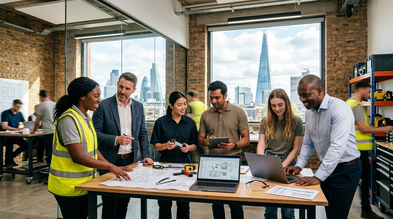 A dynamic, professional hero image showing a diverse group of office and light industrial workers collaborating in a modern London workspace, with iconic London landmarks like The Shard faintly visible through a window. Style: Modern, vibrant, professional. Mood: Energetic, collaborative, efficient.