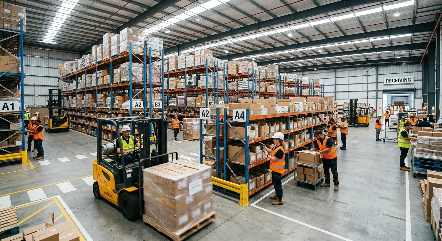 A dynamic, high-energy shot of a modern, well-organized warehouse floor with workers in high-visibility vests efficiently managing inventory on shelves and forklifts in motion. Professional, bright, and busy atmosphere.