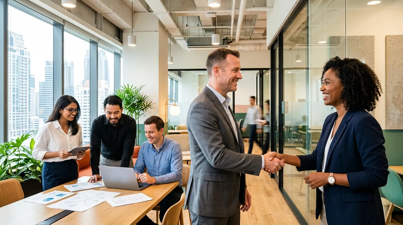 A dynamic, professional hero image showing a diverse team of professionals collaborating in a modern... A dynamic, professional hero image showing a diverse team of professionals collaborating in a modern office environment, with one person shaking hands with a manager. Style should be bright, optimistic, and high-contrast for readability overlays.