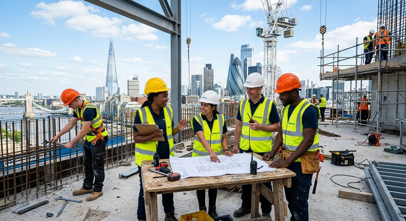 A high-energy, professional shot of a diverse team of construction labourers and site managers colla... A high-energy, professional shot of a diverse team of construction labourers and site managers collaborating on a modern London building site, with iconic London skyline (Shard, Gherkin) visible in background. Bright daylight, vibrant colours, focus on teamwork and activity.