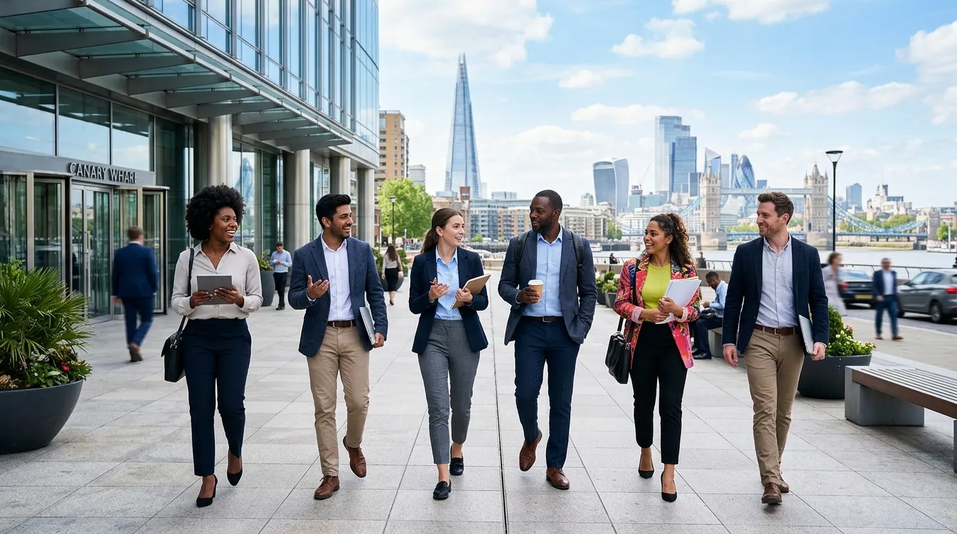 A dynamic, high-energy hero image showing a diverse group of professional temporary workers in London, perhaps outside a modern office building or in a collaborative workspace, with the London skyline subtly in the background. Style should be professional, vibrant, and convey action and opportunity.