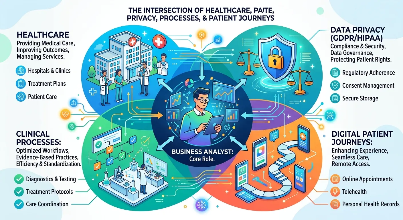 An infographic showing the intersection of Healthcare, Data Privacy (GDPR/HIPAA), Clinical Processes... An infographic showing the intersection of Healthcare, Data Privacy (GDPR/HIPAA), Clinical Processes, and Digital Patient Journeys, with a Business Analyst at the centre