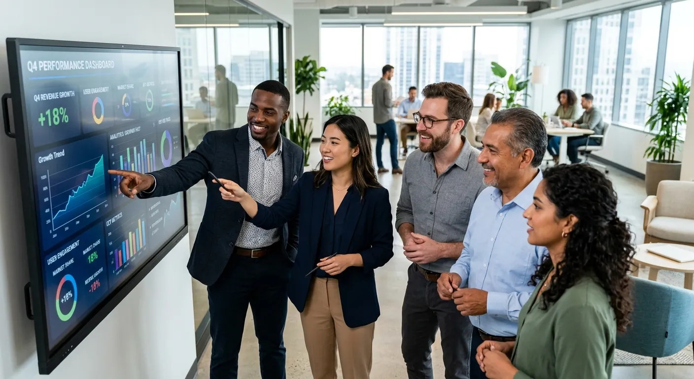 A professional, high-energy hero image featuring a diverse group of modern professionals in a bright... A professional, high-energy hero image featuring a diverse group of modern professionals in a bright, collaborative office setting. They are gathered around a digital screen displaying analytics. Style: Clean, corporate, aspirational. Mood: Confident, productive, forward-thinking.