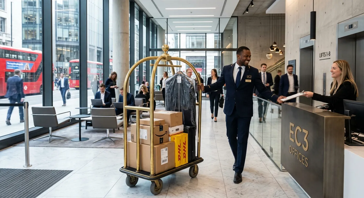 A professional, energetic photo of a Porter in smart corporate attire assisting with deliveries in a modern London EC3 office building lobby, conveying professionalism and activity.