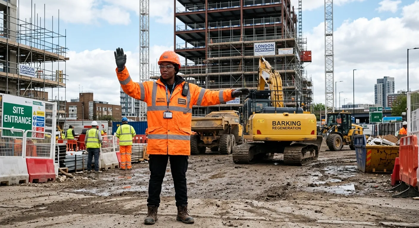 A professional photo of a hi-vis clad Traffic Marshal / Banksman giving clear hand signals on a busy construction site in Barking, London. The image should convey authority, safety, and a dynamic work environment.