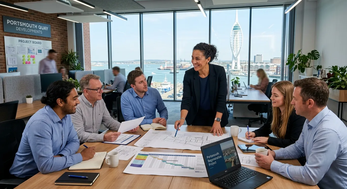 A professional, confident project manager in a modern Portsmouth office setting, reviewing plans with a team, conveying competence and collaboration.