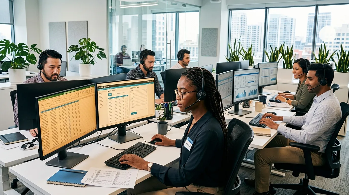 A dynamic, professional hero image showing a diverse group of focused data entry clerks working on dual monitors in a bright, modern office. Style: Clean, vibrant, and professional. Mood: Efficient, collaborative, and high-tech.