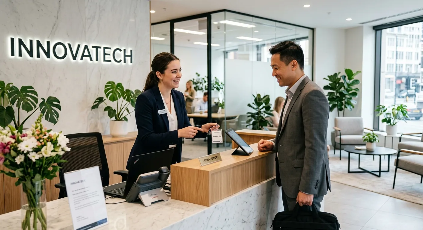 A professional, welcoming image of a Front Of House Staff member in a smart reception area in a modern business setting, smiling and assisting a visitor. The mood is professional, friendly, and efficient.