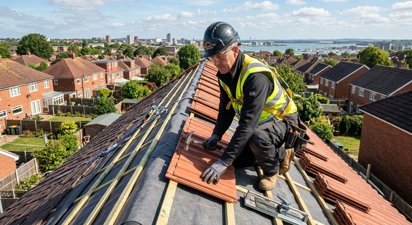 A professional, high-resolution image of a skilled Roofer at work on a pitched roof in a residential area of Southampton. The individual should be wearing high-visibility gear and safety equipment, confidently installing roofing felt or tiles on a sunny day, showcasing craftsmanship and safety. The mood should be professional, skilled, and trustworthy.