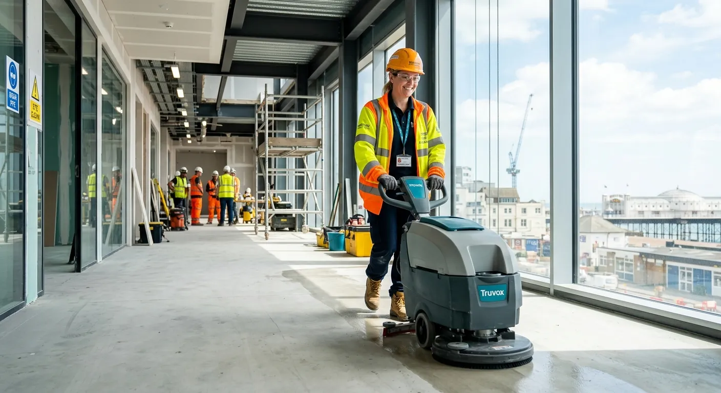 A professional, well-lit photo of a Site Cleaner in high-visibility clothing, confidently cleaning a modern construction site interior in Brighton. The image should convey professionalism, safety, and a positive work environment.