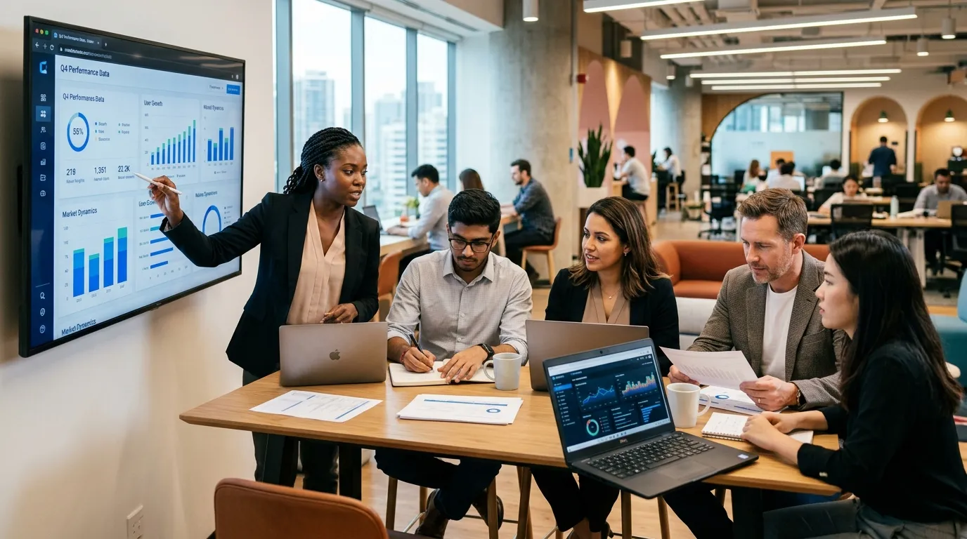 A professional, dynamic hero image showing a diverse team of business analysts and tech professional... A professional, dynamic hero image showing a diverse team of business analysts and tech professionals collaborating in a modern office environment. The style is vibrant, focused, and conveys elite talent acquisition. The mood is professional, innovative, and high-stakes.