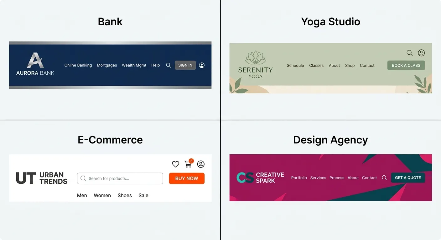 A split-screen graphic showing four distinct website headers: one for a bank using navy and gray, on... A split-screen graphic showing four distinct website headers: one for a bank using navy and gray, one for a yoga studio using sage green and beige, one for an e-commerce site with a bright orange