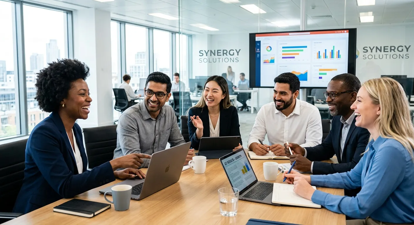 A diverse group of professional workers in a modern office setting, collaborating around a table. Th... A diverse group of professional workers in a modern office setting, collaborating around a table. The image should convey energy, teamwork, and success. Style: Professional, bright, high-contrast.