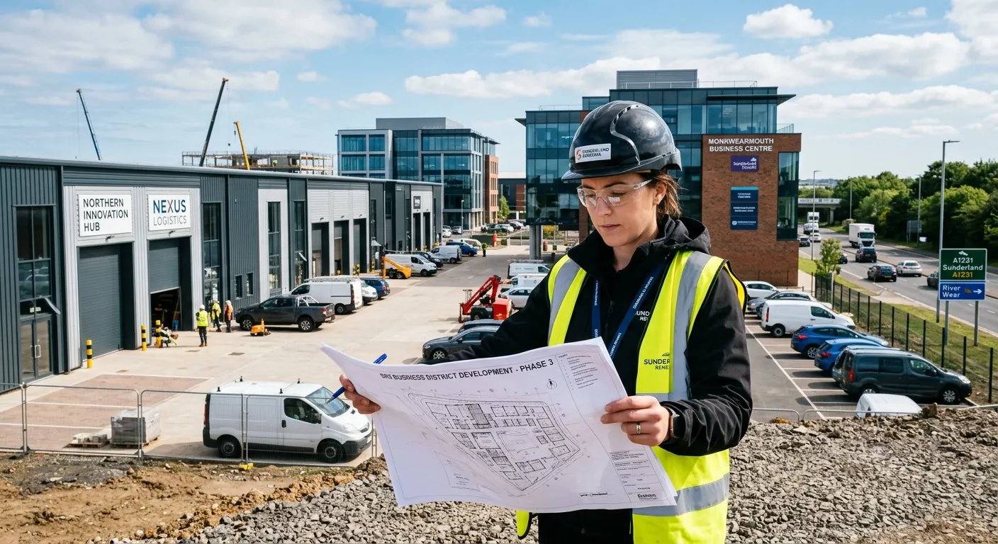 A dynamic, professional photo of the Sunderland SR5 business district, highlighting modern industria... A dynamic, professional photo of the Sunderland SR5 business district, highlighting modern industrial units and office buildings, with a project manager figure in the foreground reviewing plans.