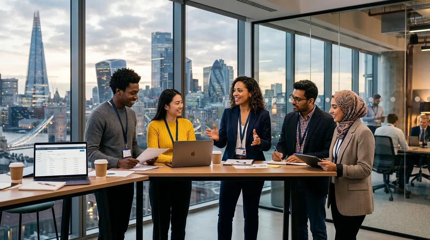 Professional, dynamic hero image showing a diverse group of temporary workers and a recruiter in a m... Professional, dynamic hero image showing a diverse group of temporary workers and a recruiter in a modern London office or urban setting, with the London skyline subtly visible. Style: professional, energetic, high-contrast.