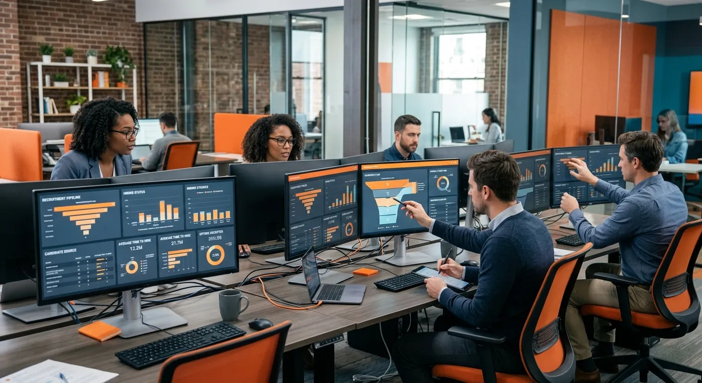 A modern, professional office environment with data analysts reviewing real-time hiring dashboards on multiple screens. The mood is focused, intelligent, and high-tech, with a color palette of slate blues and vibrant orange accents.