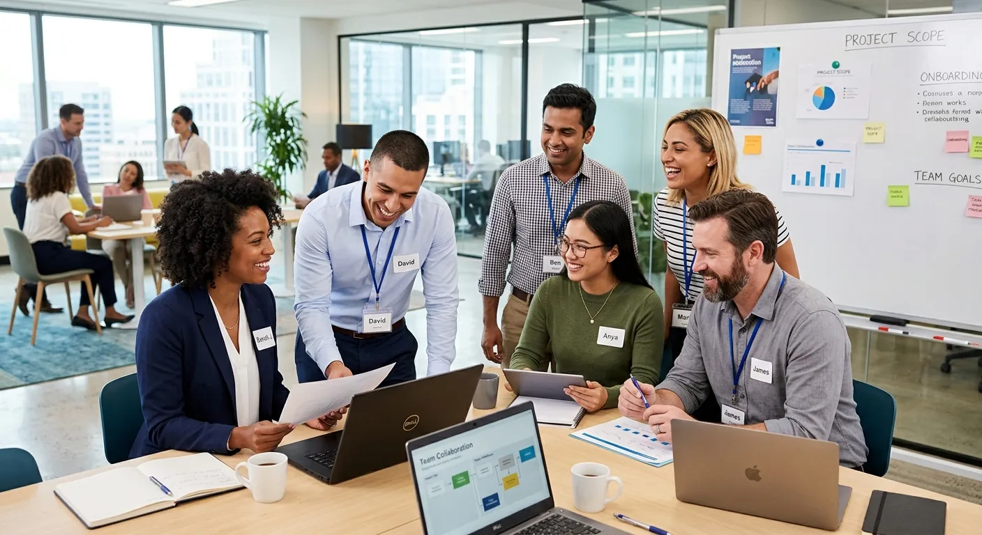 A diverse group of professional temporary workers in a modern office setting, smiling and collaborat... A diverse group of professional temporary workers in a modern office setting, smiling and collaborating. The style is professional, bright, and energetic, emphasizing teamwork and immediate readiness.