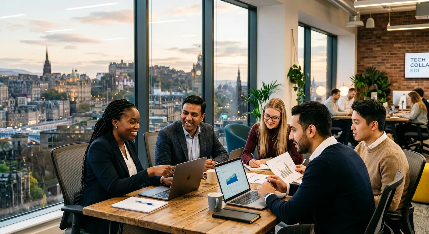 A professional, high-contrast hero image showing a diverse group of professionals collaborating in a... A professional, high-contrast hero image showing a diverse group of professionals collaborating in a modern Edinburgh office with views of the city skyline. Style: Inspiring, modern, vibrant.