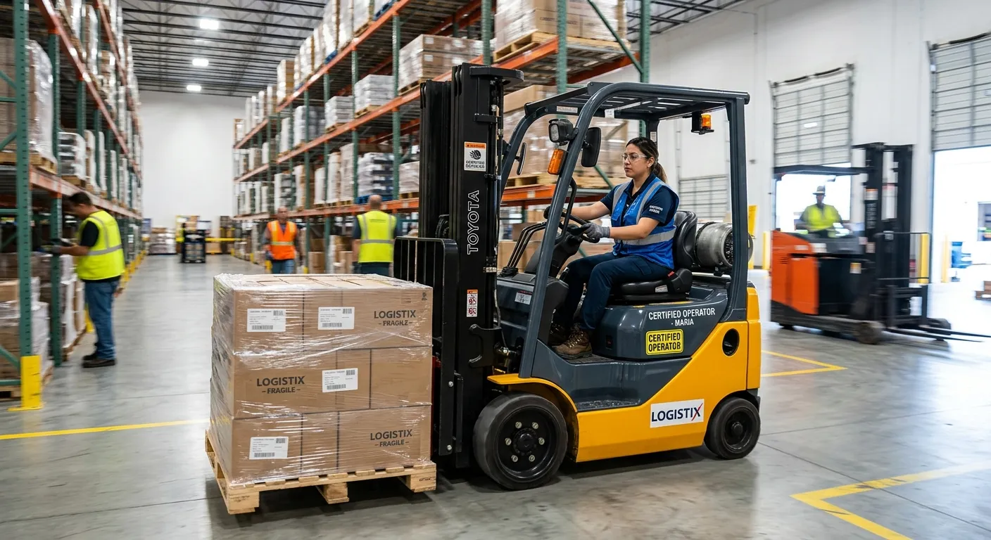 A dynamic, high-energy shot of a certified forklift driver in a modern, busy warehouse, expertly maneuvering a pallet. The image should convey professionalism, safety, and industrial efficiency. Style: Realistic, vibrant, with a focus on the driver's concentration and the clean warehouse environment.