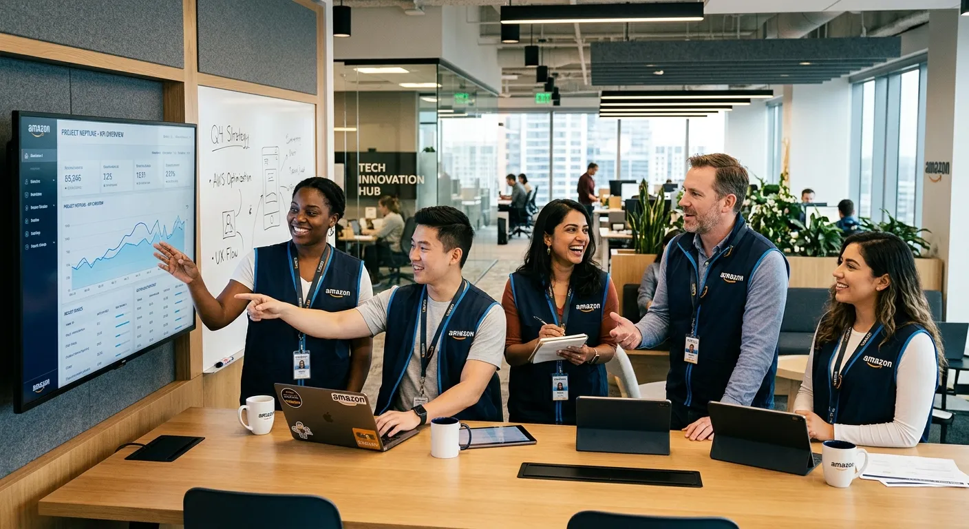 A modern, professional image of a diverse team of Amazon employees collaborating in a bright, tech-f... A modern, professional image of a diverse team of Amazon employees collaborating in a bright, tech-forward office environment, wearing Amazon-branded vests and lanyards. The mood is energetic, inclusive, and corporate.