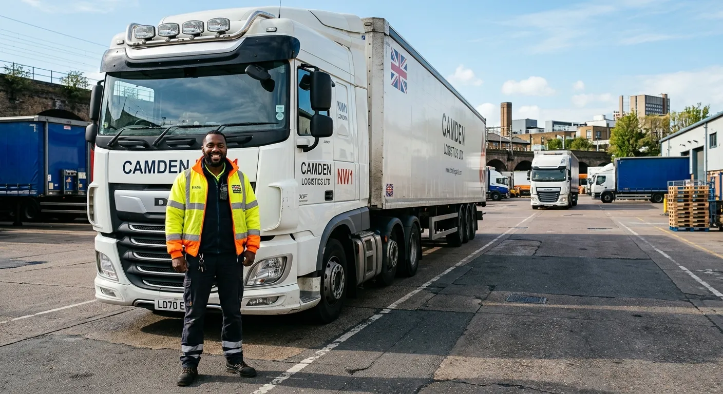A professional, confident HGV Driver in high-visibility clothing, smiling and standing beside a modern articulated lorry (Class 1) in a logistics yard in Camden, NW1. Bright, clear day, professional and trustworthy mood.