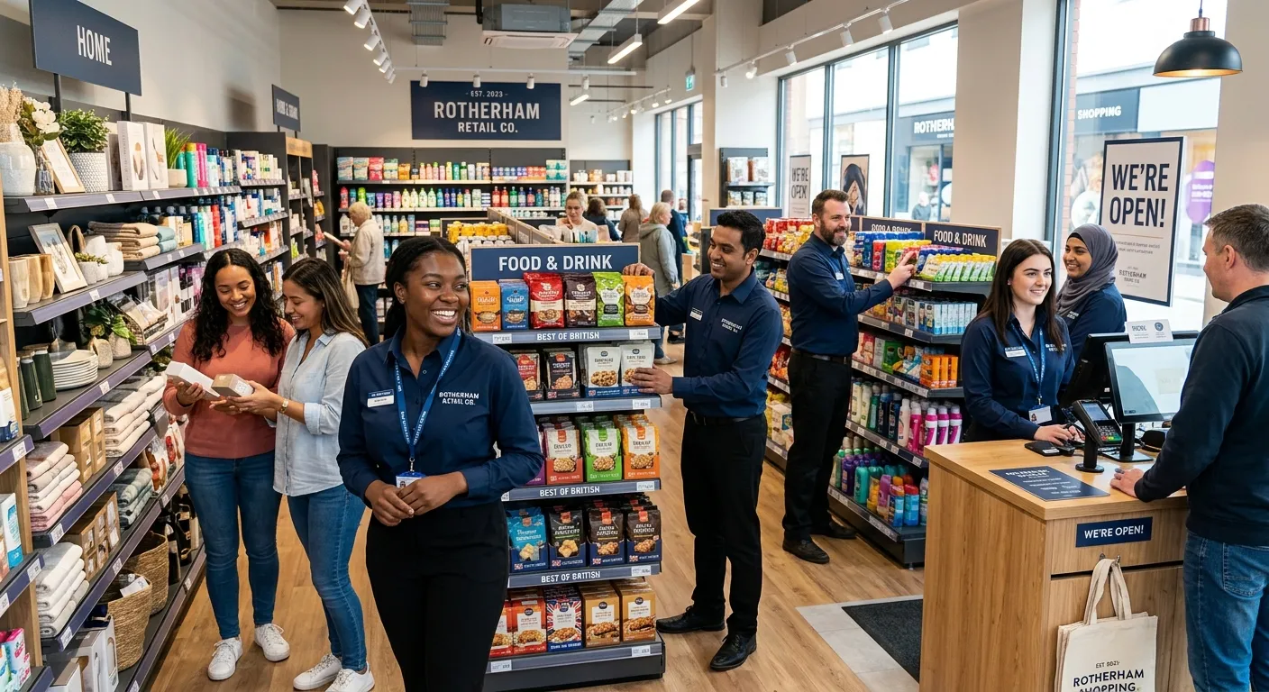 A diverse, smiling team of retail assistants in a modern Rotherham store setting, assisting customers and stocking shelves. Bright, professional, and welcoming atmosphere.