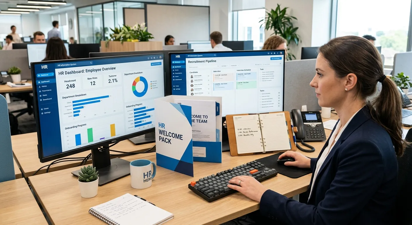 A professional, organised HR workspace with dual monitors showing an HRIS dashboard, a welcome pack... A professional, organised HR workspace with dual monitors showing an HRIS dashboard, a welcome pack folder, and a planner.