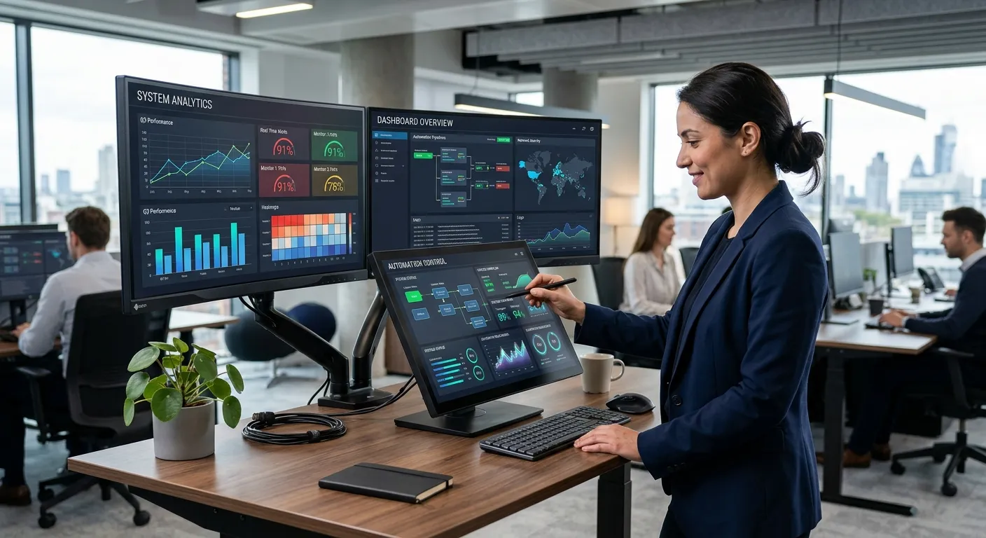 Modern, sleek office workspace with multiple monitors showing data visualizations and automation sof... Modern, sleek office workspace with multiple monitors showing data visualizations and automation software dashboards, with a person interacting with a touchscreen. Style: professional, high-tech, sharp focus.