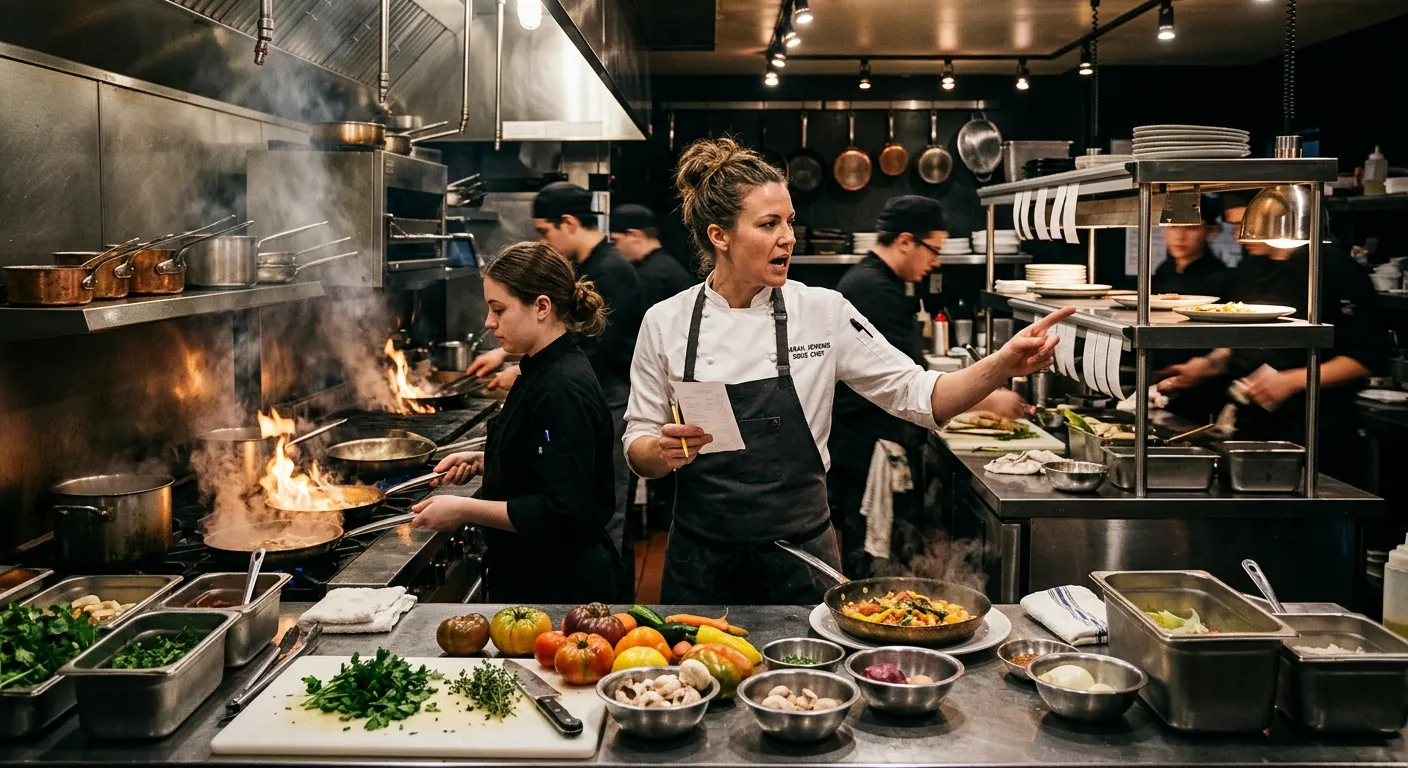 A dynamic, high-energy professional kitchen scene. A focused Sous Chef in a crisp white jacket is ex... A dynamic, high-energy professional kitchen scene. A focused Sous Chef in a crisp white jacket is expediting orders and guiding junior cooks, with steam rising from pans and vibrant ingredients in the foreground. Moody, professional lighting.