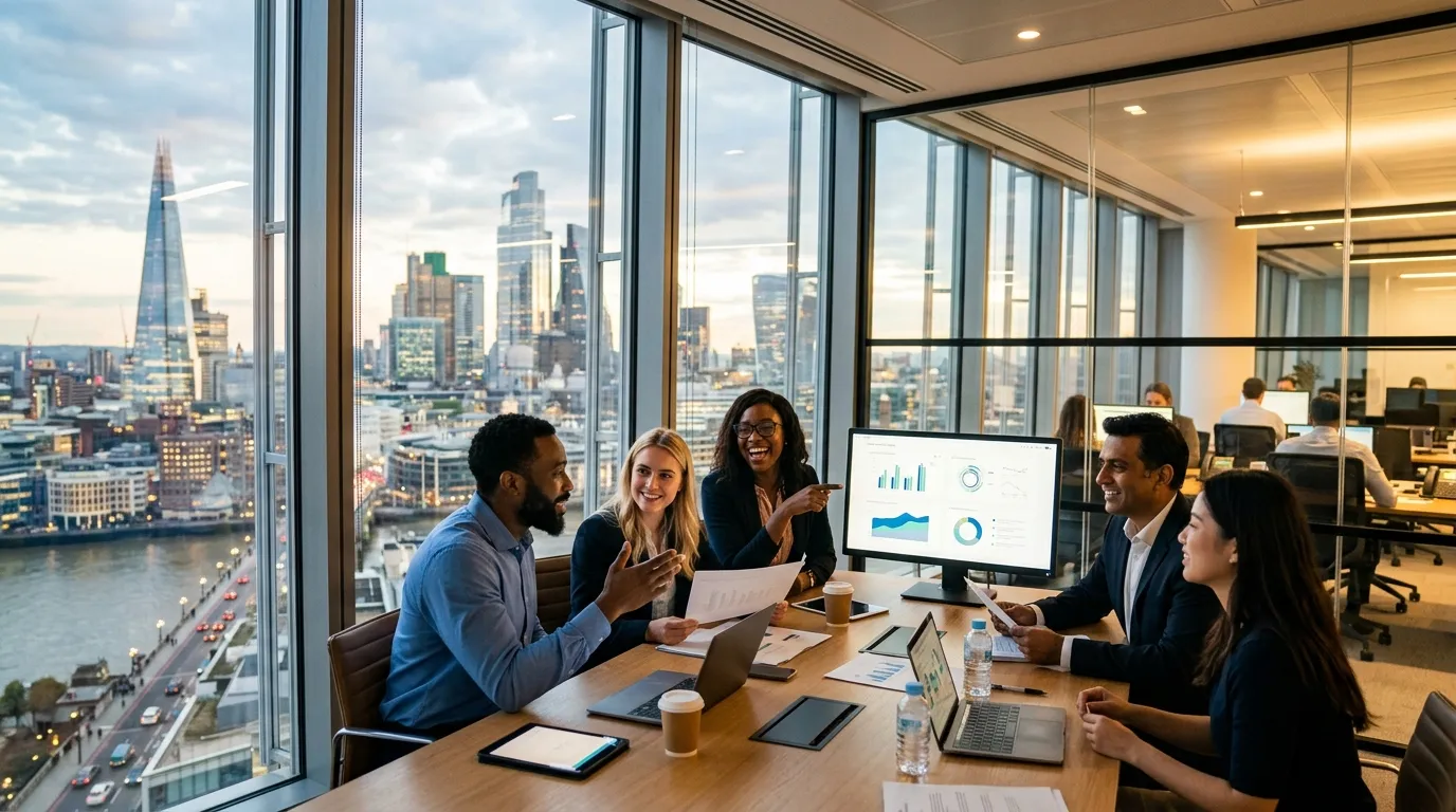 Hero image of a modern, bustling London office skyline viewed through a window, with a diverse group... Hero image of a modern, bustling London office skyline viewed through a window, with a diverse group of professionals collaborating in the foreground. Style: Professional, dynamic, optimistic mood.